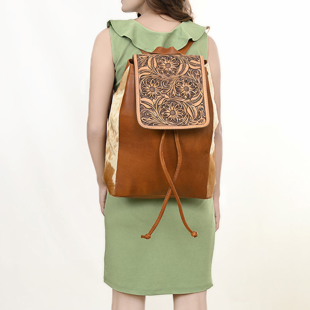 ADBG363 Tooled Leather Cowhide Backpack with Floral Flap & Hair-On Sides