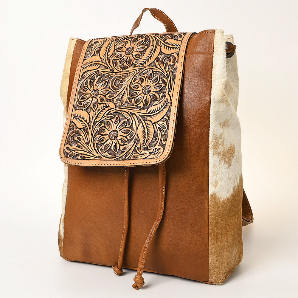 ADBG363 Tooled Leather Cowhide Backpack with Floral Flap & Hair-On Sides