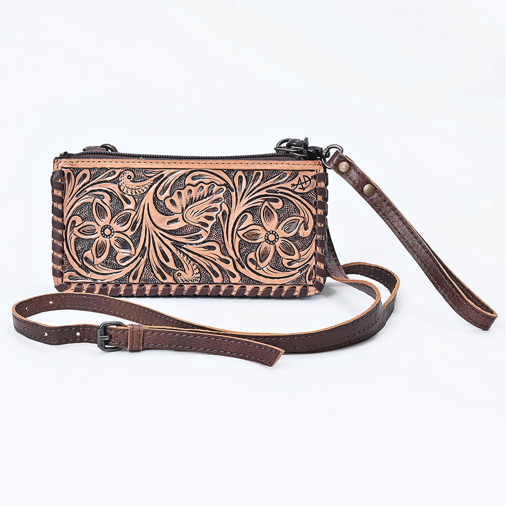 ADBG535 Hand-Tooled Leather Wristlet Wallet Floral Carved Genuine Leather Clutch with Strap