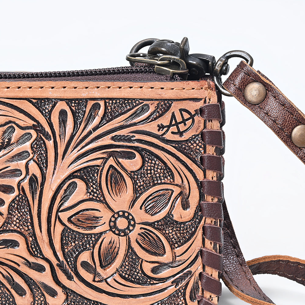 ADBG535 Hand-Tooled Leather Wristlet Wallet Floral Carved Genuine Leather Clutch with Strap