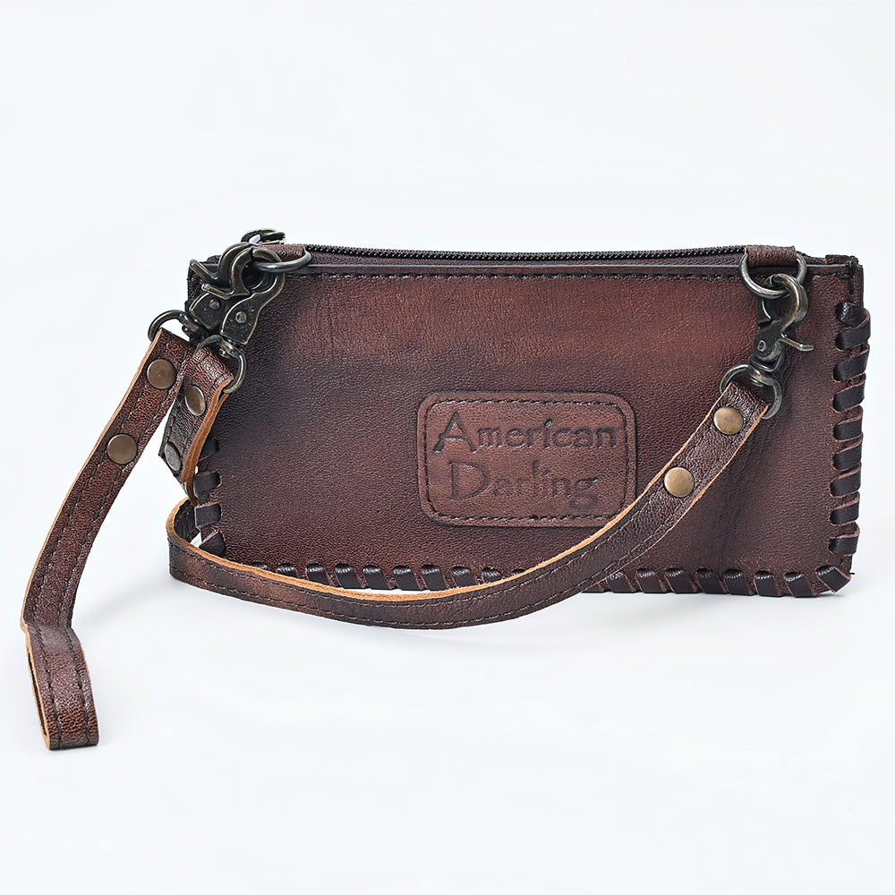 ADBG535 Hand-Tooled Leather Wristlet Wallet Floral Carved Genuine Leather Clutch with Strap