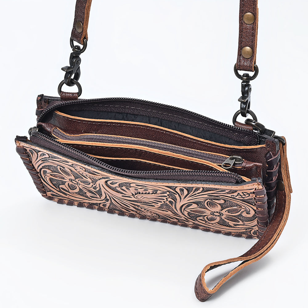 ADBG535 Hand-Tooled Leather Wristlet Wallet Floral Carved Genuine Leather Clutch with Strap