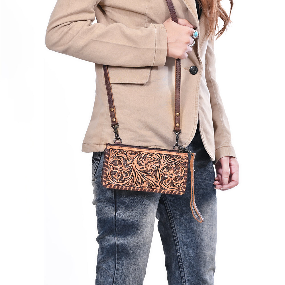ADBG535 Hand-Tooled Leather Wristlet Wallet Floral Carved Genuine Leather Clutch with Strap