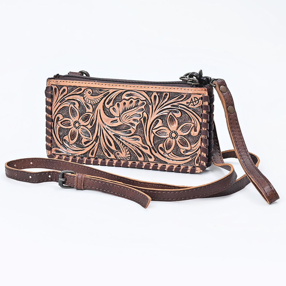 ADBG535 Hand-Tooled Leather Wristlet Wallet Floral Carved Genuine Leather Clutch with Strap