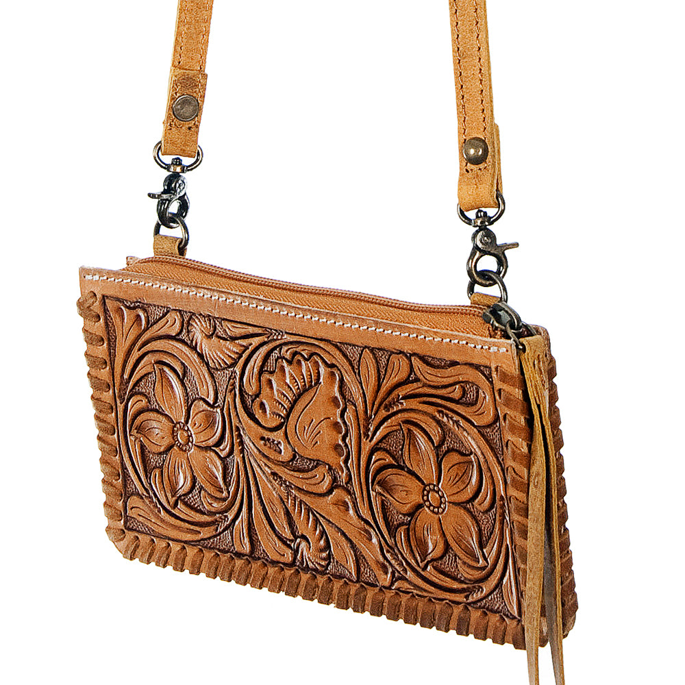 ADBG535 Hand-Tooled Leather Wristlet Wallet Floral Carved Genuine Leather Clutch with Strap