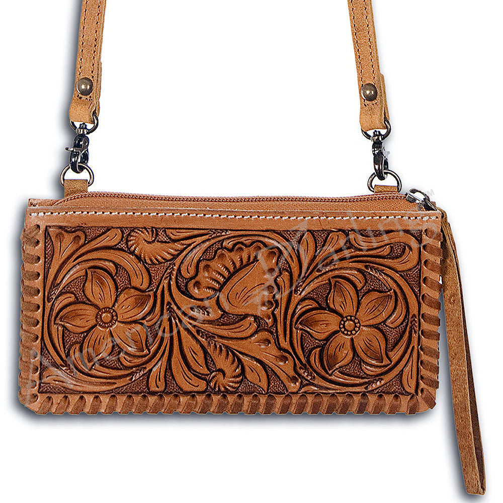 ADBG535 Hand-Tooled Leather Wristlet Wallet Floral Carved Genuine Leather Clutch with Strap