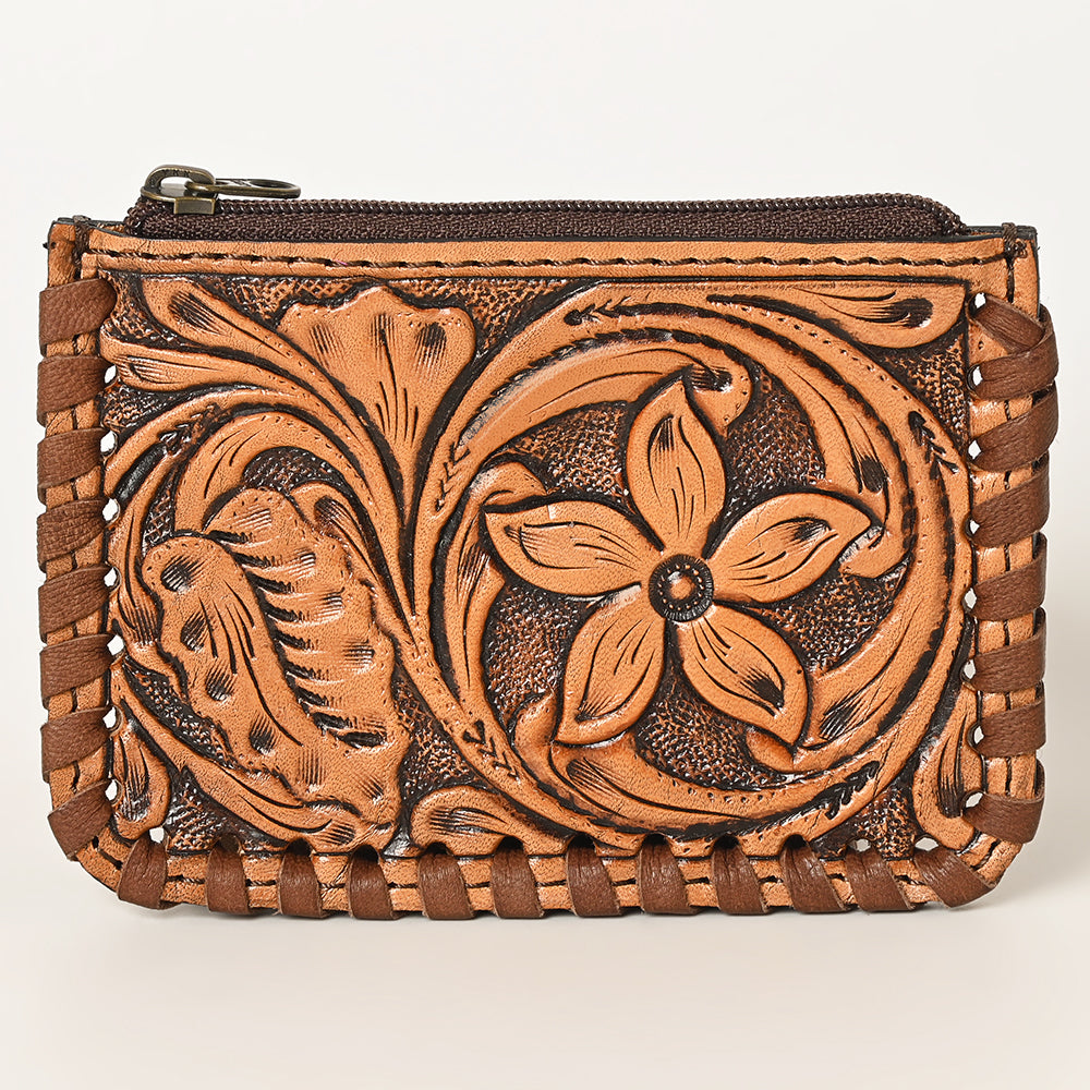 ADBG536 Mini Hand-Tooled Leather Coin Pouch Western Floral Carved Zip Wallet