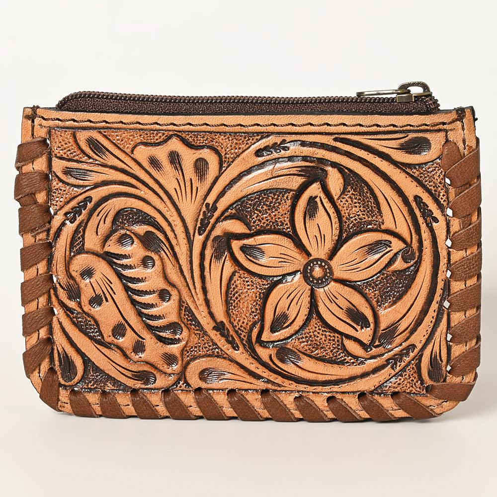 ADBG536 Mini Hand-Tooled Leather Coin Pouch Western Floral Carved Zip Wallet