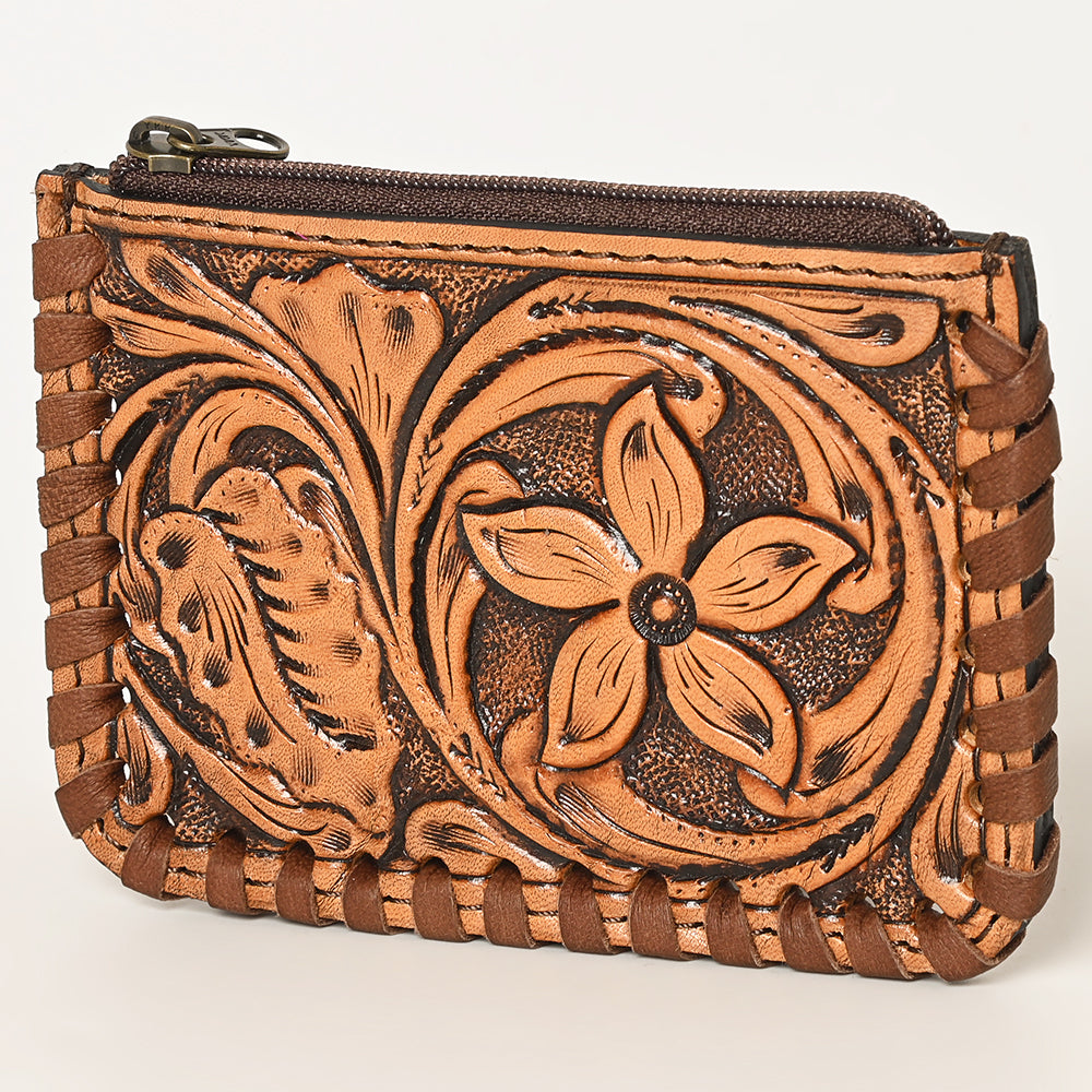 ADBG536 Mini Hand-Tooled Leather Coin Pouch Western Floral Carved Zip Wallet