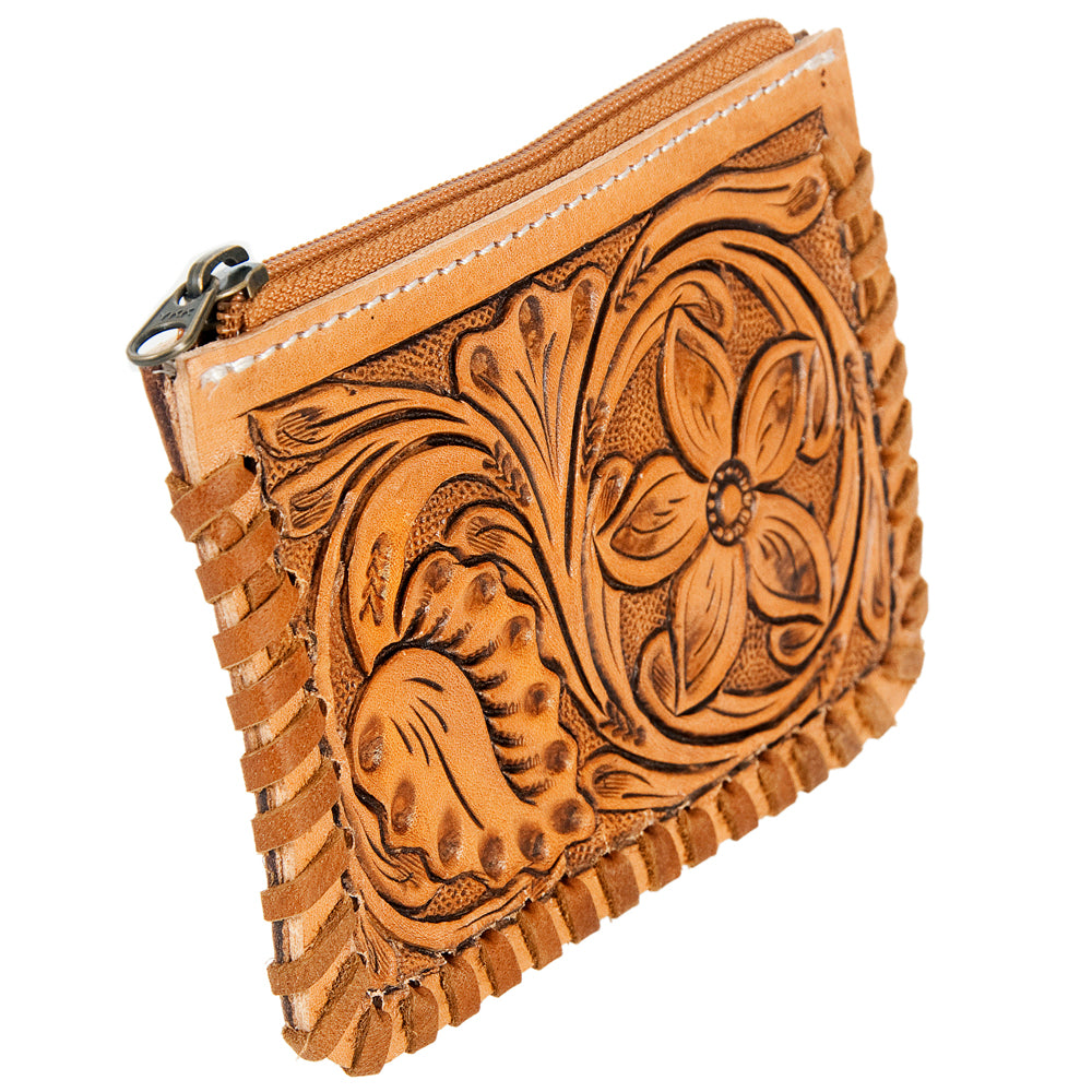 ADBG536 Mini Hand-Tooled Leather Coin Pouch Western Floral Carved Zip Wallet