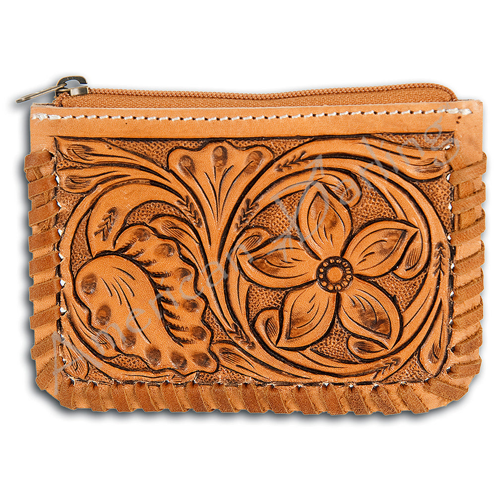 ADBG536 Mini Hand-Tooled Leather Coin Pouch Western Floral Carved Zip Wallet