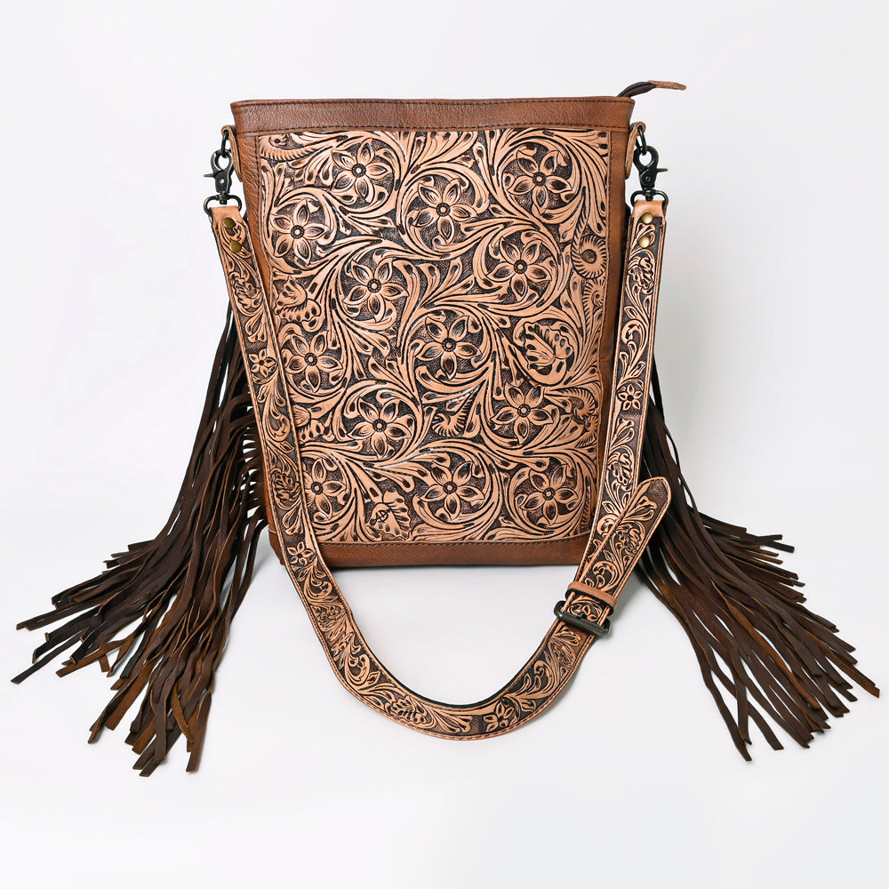 ADBG507 Tooled Leather Fringe Crossbody Bag with Adjustable Strap Western Floral Design