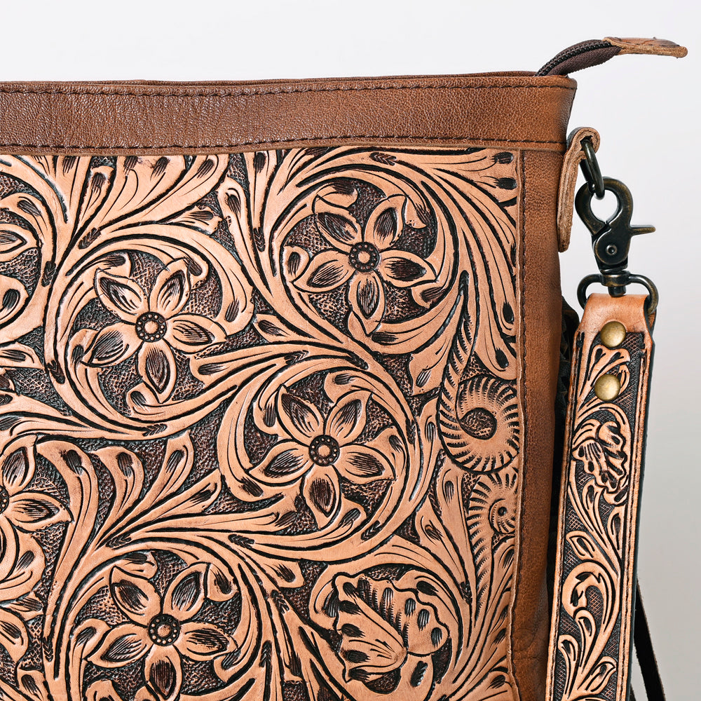 ADBG507 Tooled Leather Fringe Crossbody Bag with Adjustable Strap Western Floral Design
