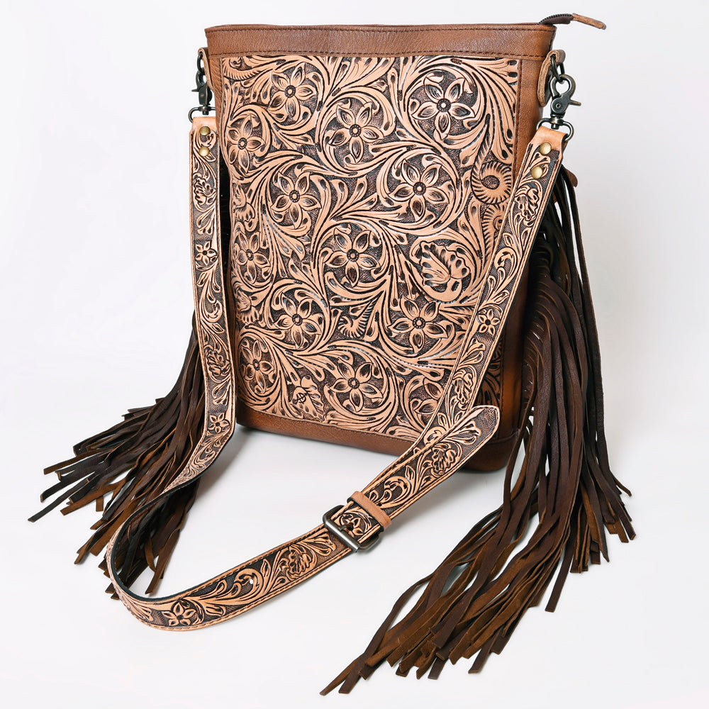 ADBG507 Tooled Leather Fringe Crossbody Bag with Adjustable Strap Western Floral Design