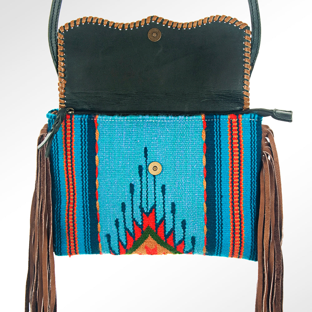 ADBG236 Handwoven Southwestern Fringe Shoulder Bag with Leather Fringe - Multicolor Pattern