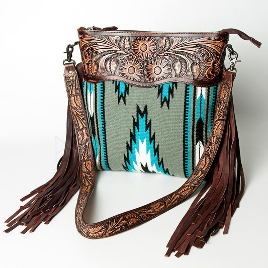 ADBGZ222 Tooled Leather & Grey Wool Crossbody Bag with Fringe - Southwestern Western Shoulder Purse