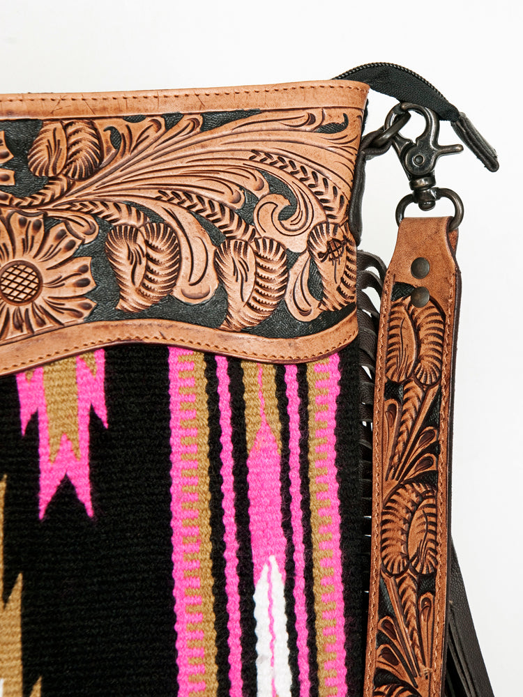 ADBGZ228 Pink Aztec Wool & Tooled Leather Crossbody Bag - Western Fringe Purse