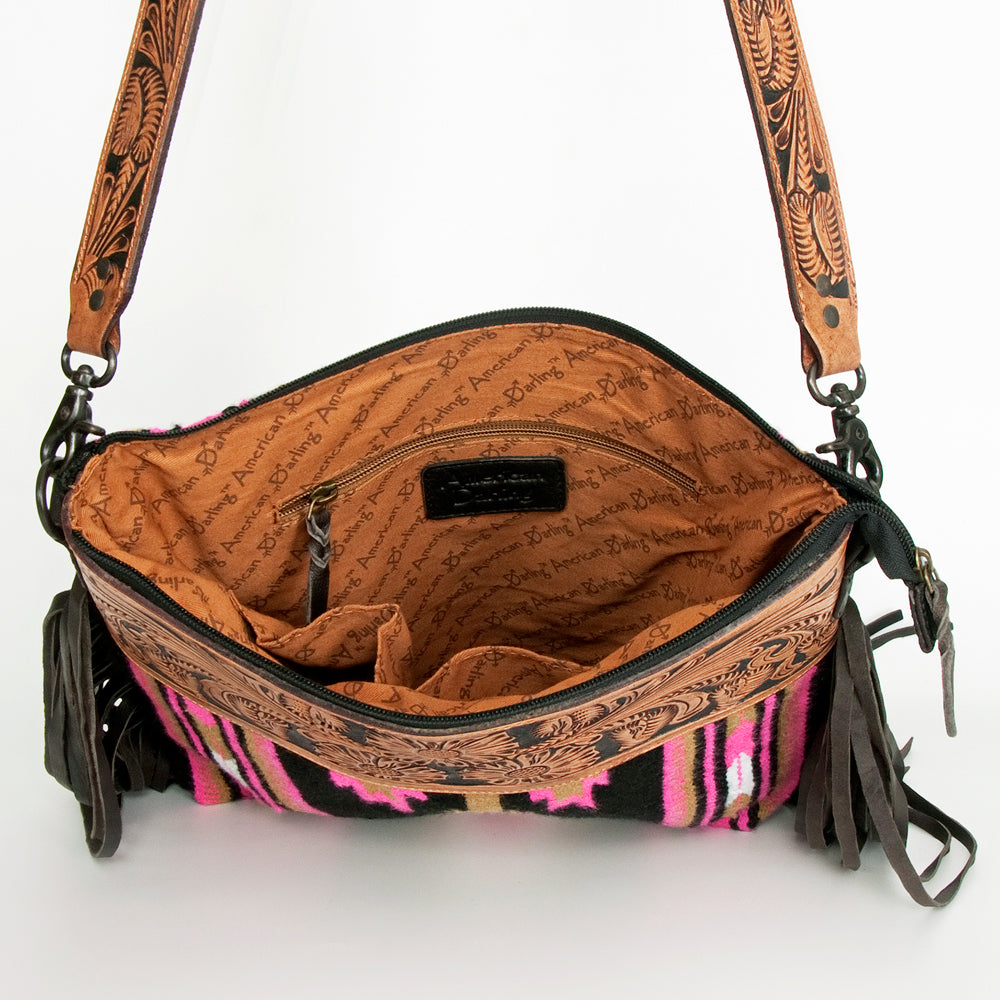 ADBGZ228 Pink Aztec Wool & Tooled Leather Crossbody Bag - Western Fringe Purse