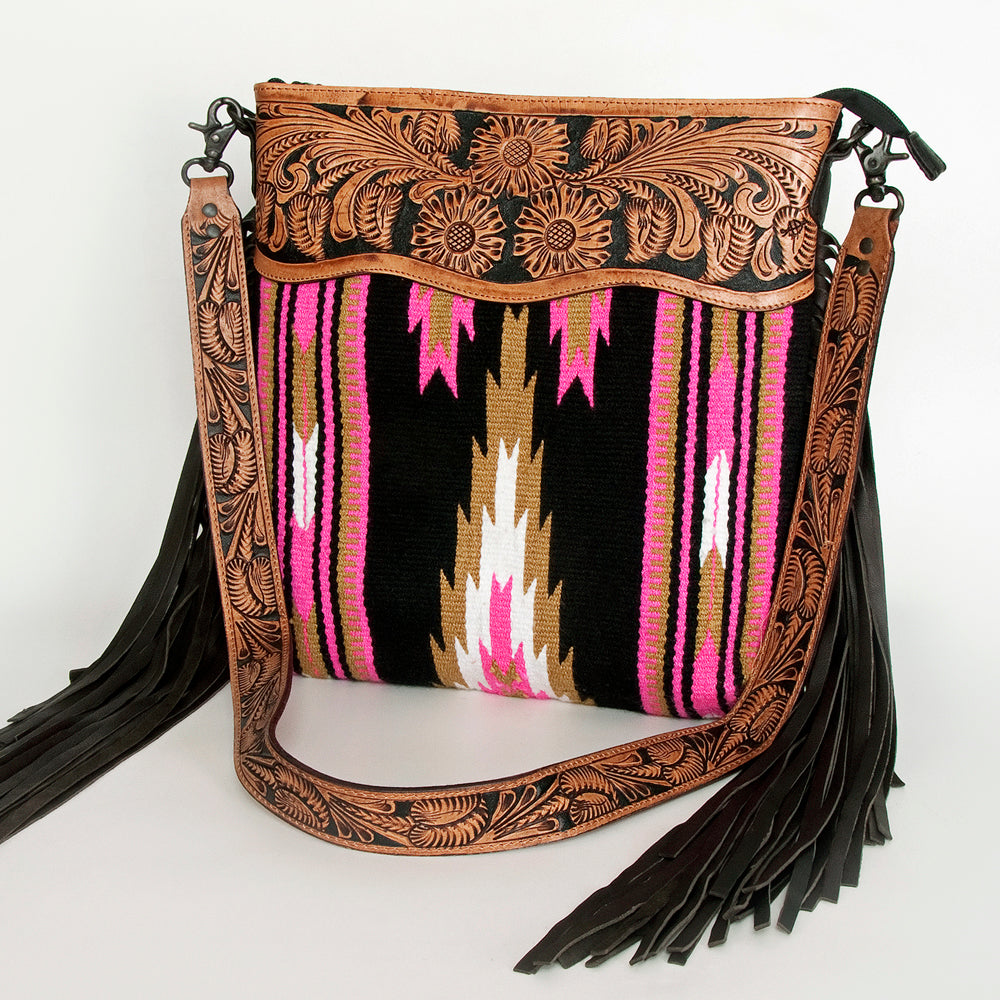 ADBGZ228 Pink Aztec Wool & Tooled Leather Crossbody Bag - Western Fringe Purse