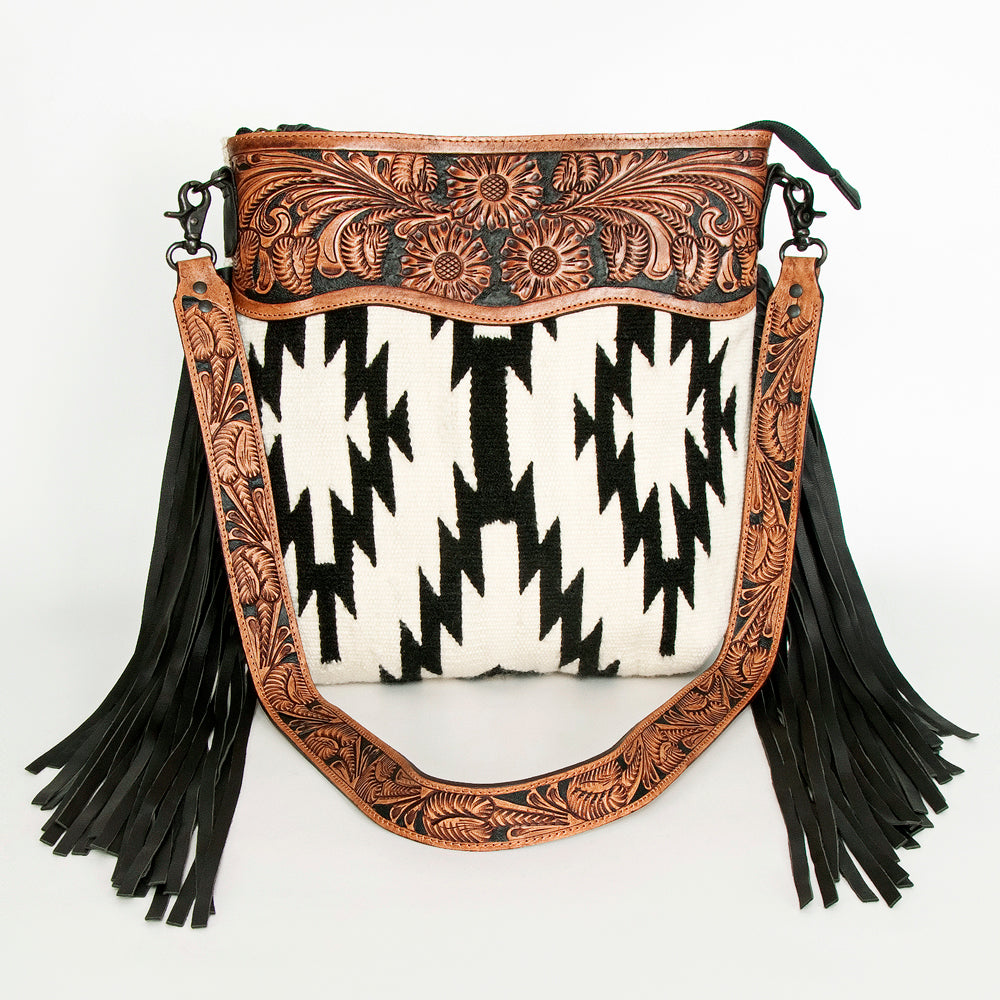 LC-ADBGZ230 Aztec Wool Crossbody with Tooled Leather & Fringe - Western Shoulder Bag