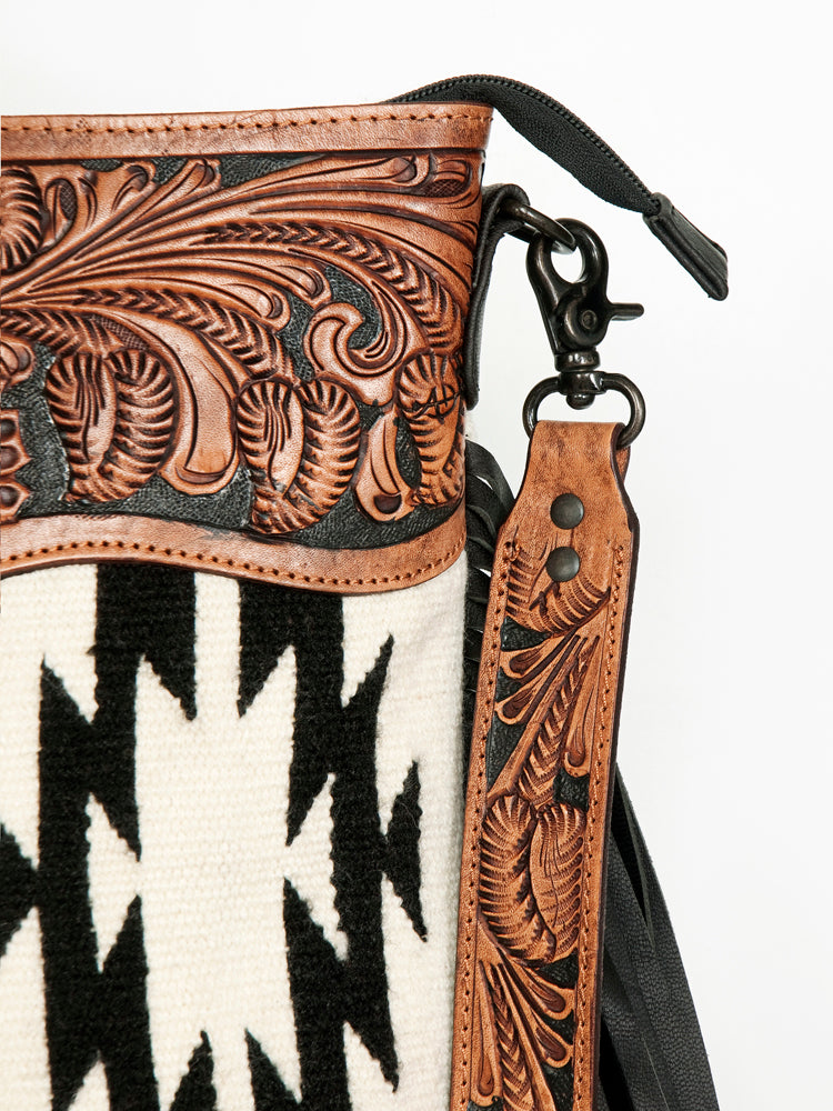 LC-ADBGZ230 Aztec Wool Crossbody with Tooled Leather & Fringe - Western Shoulder Bag