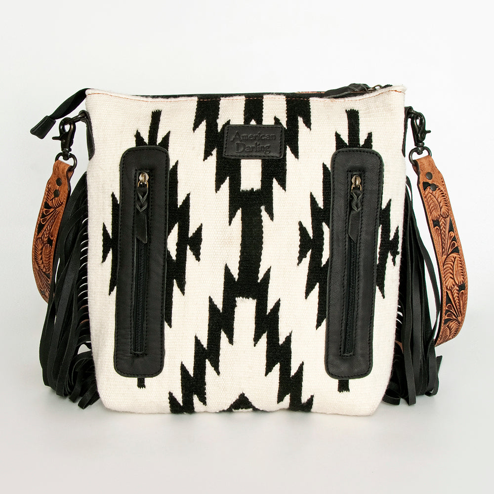 LC-ADBGZ230 Aztec Wool Crossbody with Tooled Leather & Fringe - Western Shoulder Bag