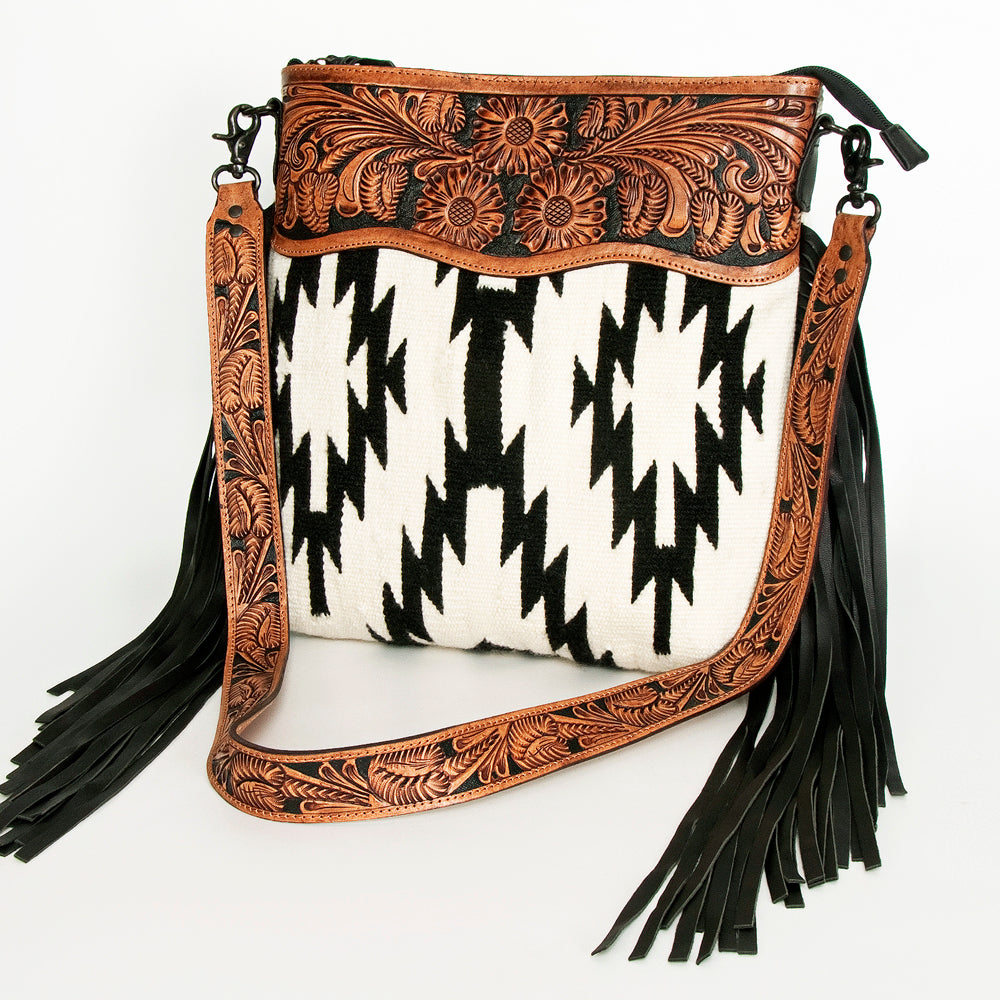 LC-ADBGZ230 Aztec Wool Crossbody with Tooled Leather & Fringe - Western Shoulder Bag