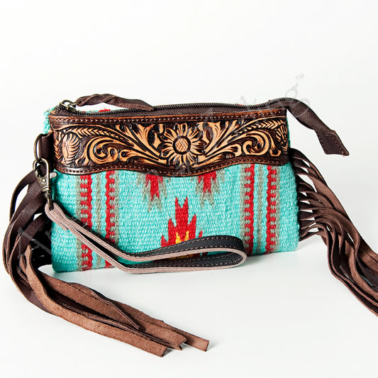 LC-ADBGZ234 Turquoise Wool & Tooled Leather Wristlet with Fringe - Western Aztec Clutch Bag