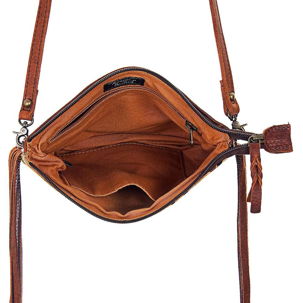 ADBG109 American Darling Hair-On Cowhide Western Crossbody Bag with Leather Fringe Detail