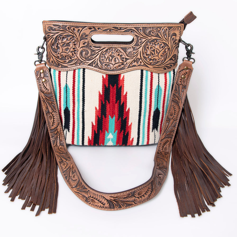LC-ADBGZ246 Tooled Leather Handle Cutout Crossbody Bag with Red & Turquoise Southwest Wool