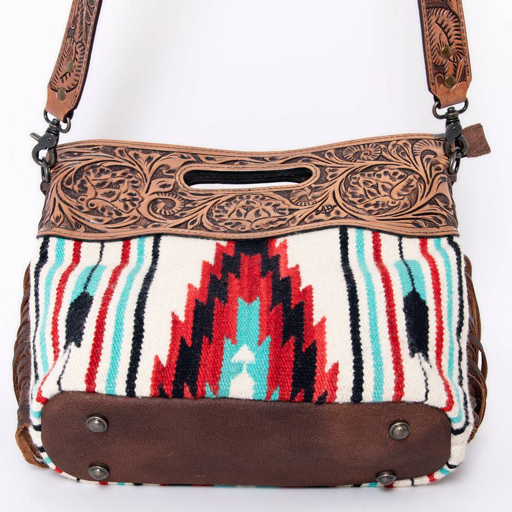 LC-ADBGZ246 Tooled Leather Handle Cutout Crossbody Bag with Red & Turquoise Southwest Wool