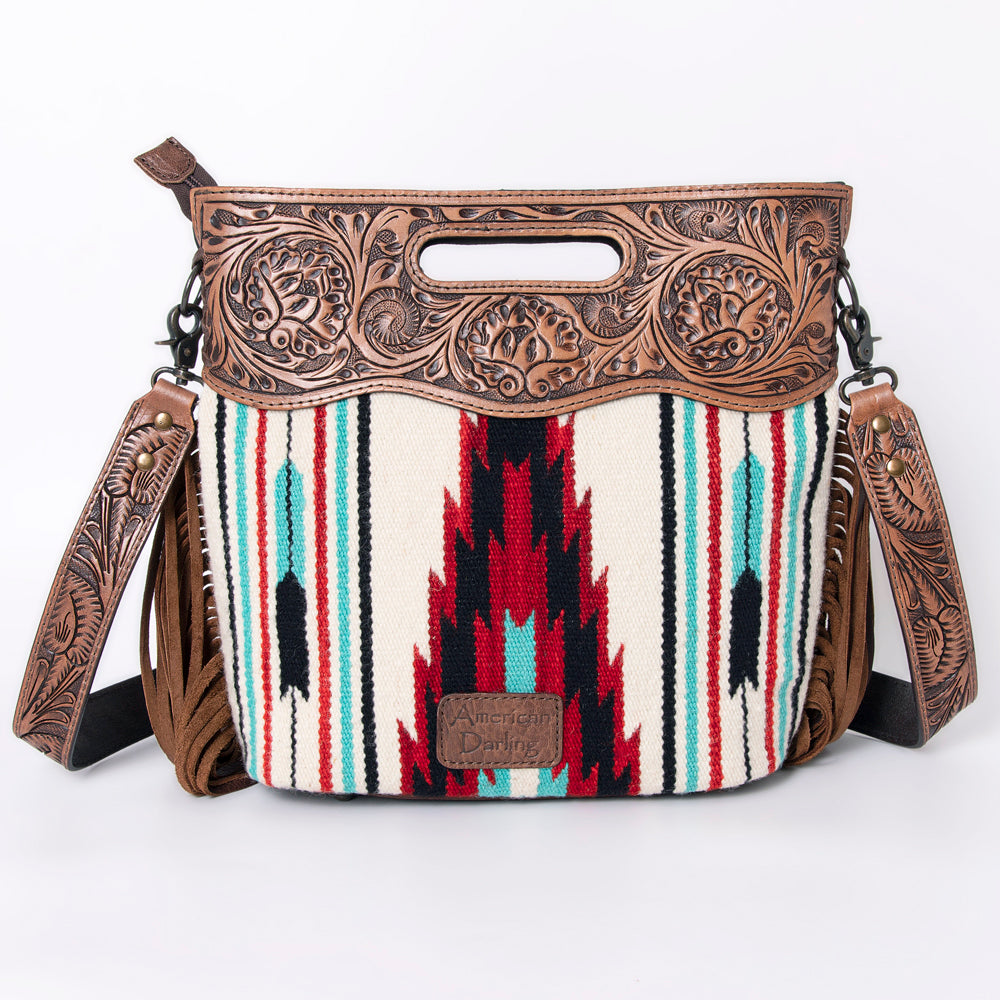 LC-ADBGZ246 Tooled Leather Handle Cutout Crossbody Bag with Red & Turquoise Southwest Wool