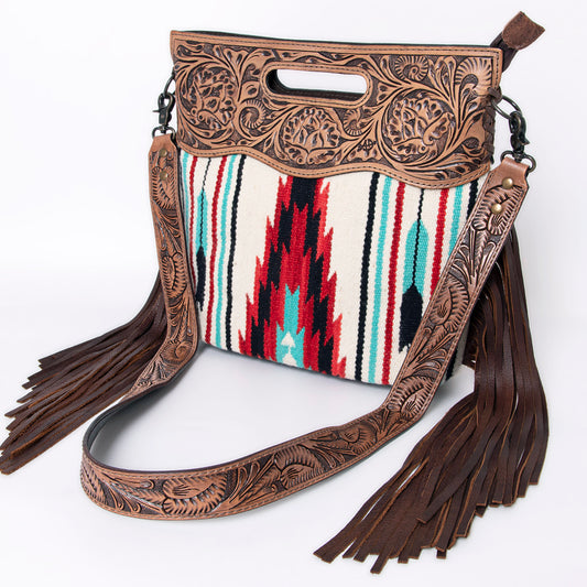 LC-ADBGZ246 Tooled Leather Handle Cutout Crossbody Bag with Red & Turquoise Southwest Wool