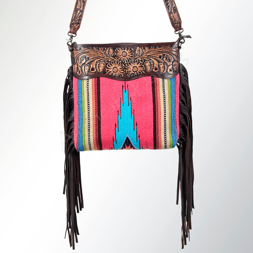 LC-ADBGZ250 Tooled Leather Fringe Crossbody Bag with Pink & Turquoise Serape Wool