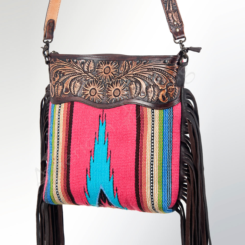 LC-ADBGZ250 Tooled Leather Fringe Crossbody Bag with Pink & Turquoise Serape Wool
