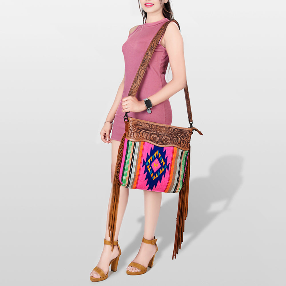 ADBGZ254 Tooled Leather Crossbody Bag with Pink Serape Wool & Floral Strap