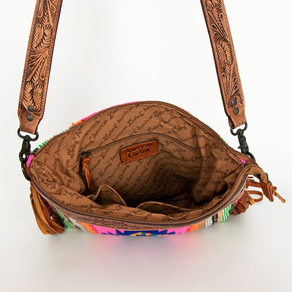 ADBGZ254 Tooled Leather Crossbody Bag with Pink Serape Wool & Floral Strap