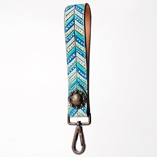 LC-ADBRF124 Painted Leather Wristlet Keychain - Chevron Turquoise & Blue with Western Concho