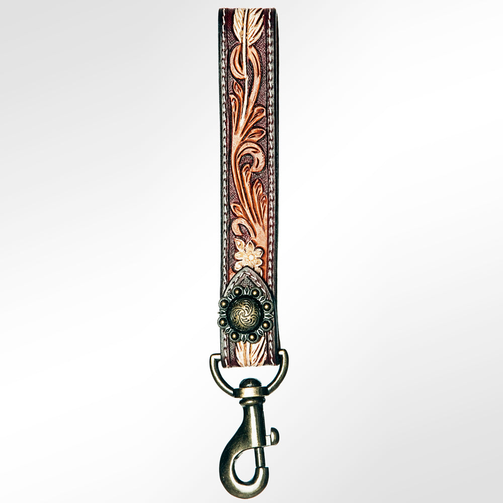ADBRF126 Hand Tooled Leather Wristlet Keychain - Tri-Tone Floral Scroll with Western Concho