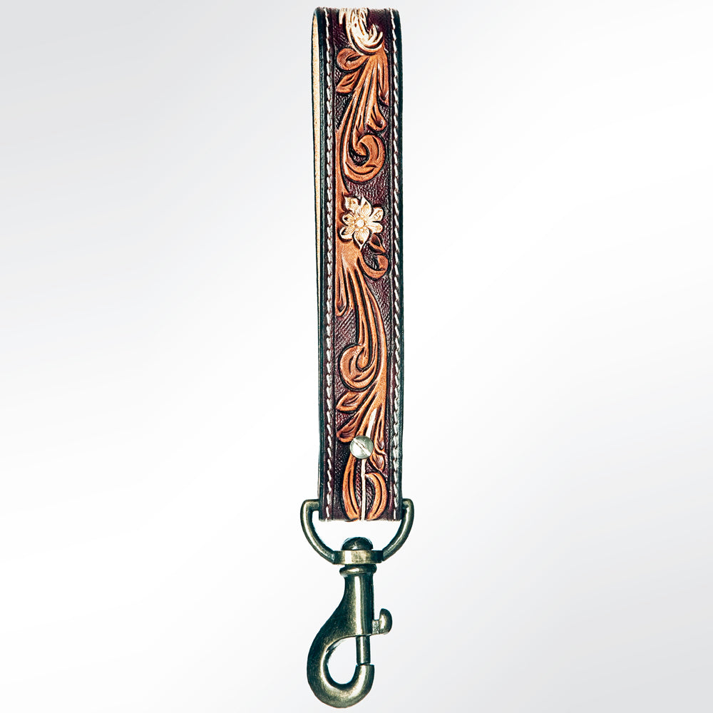 ADBRF126 Hand Tooled Leather Wristlet Keychain - Tri-Tone Floral Scroll with Western Concho