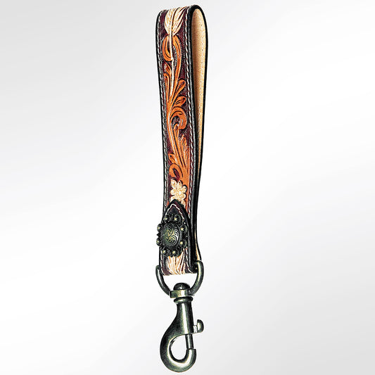 ADBRF126 Hand Tooled Leather Wristlet Keychain - Tri-Tone Floral Scroll with Western Concho