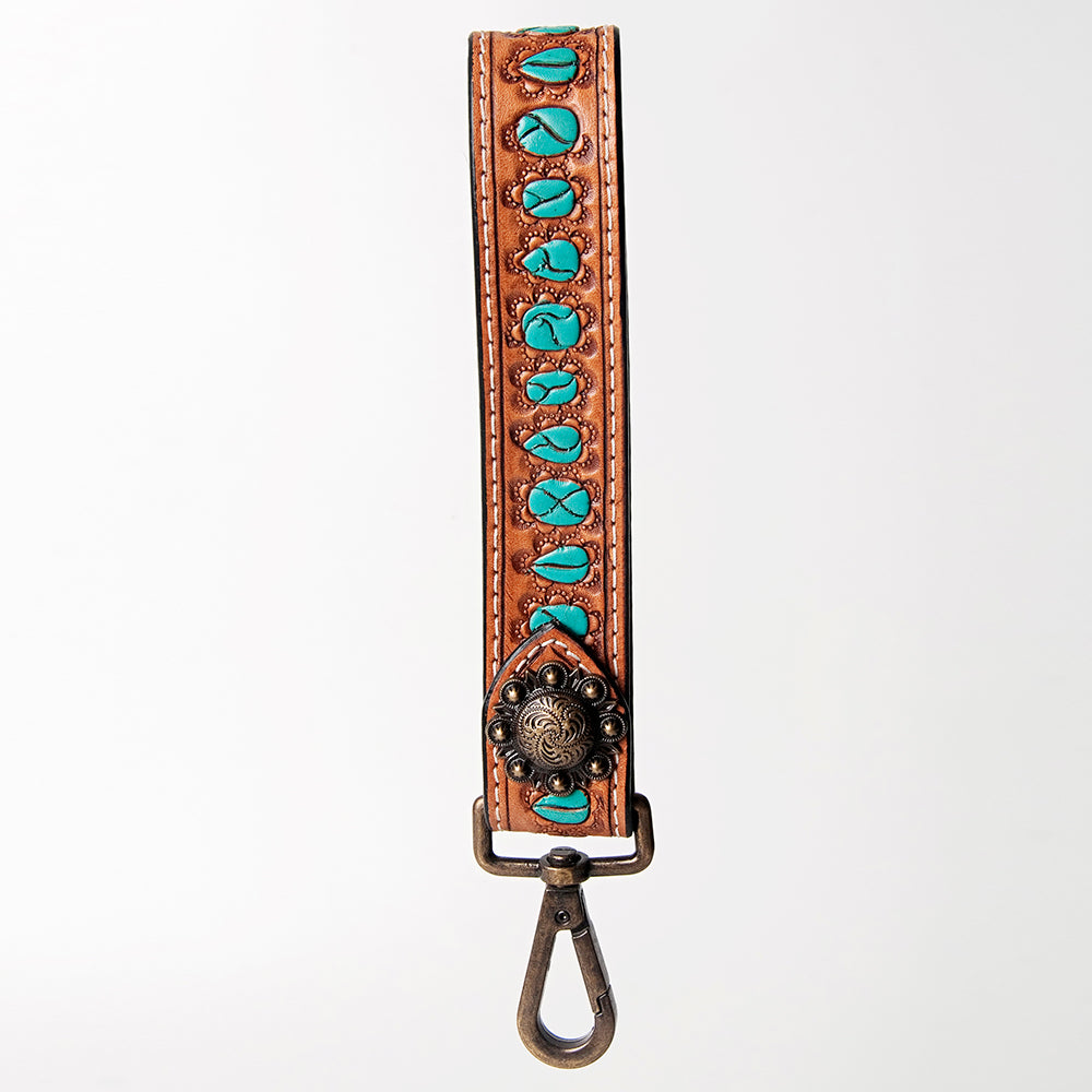 ADBRF128 Leather Wristlet Keychain with Turquoise Lacing - Western Concho Accent