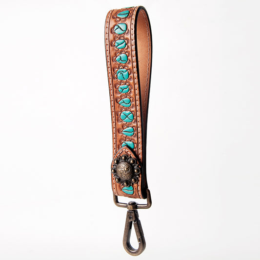 ADBRF128 Leather Wristlet Keychain with Turquoise Lacing - Western Concho Accent