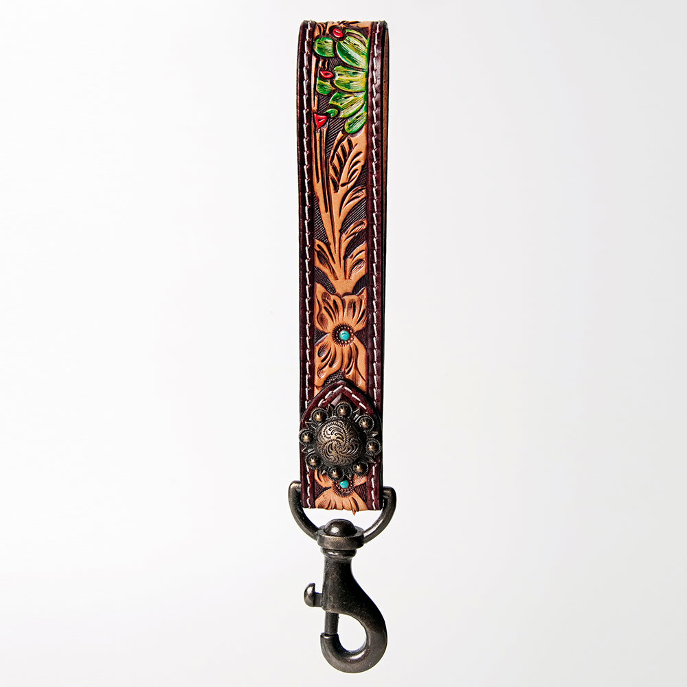 ADBRF129 Hand Tooled Leather Wristlet Keychain - Floral Tooling with Painted Accents & Concho