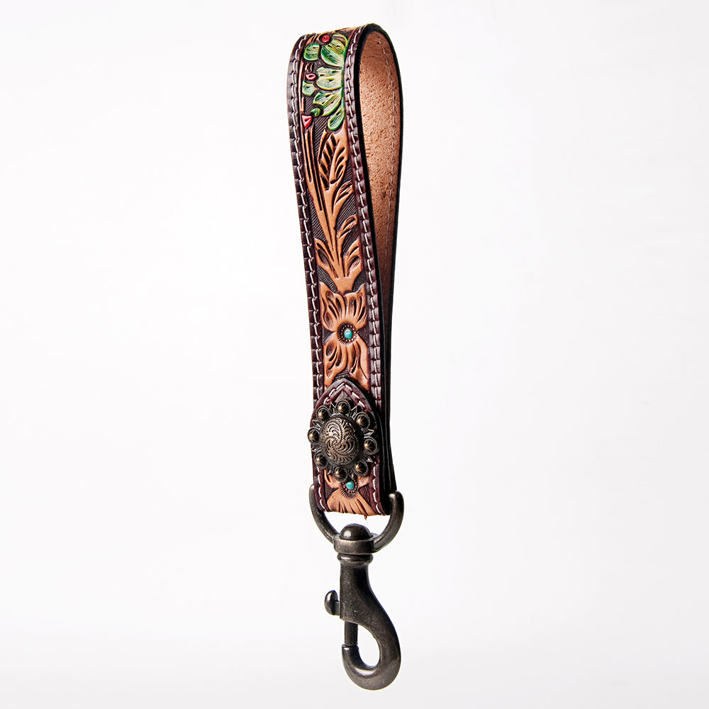 ADBRF129 Hand Tooled Leather Wristlet Keychain - Floral Tooling with Painted Accents & Concho