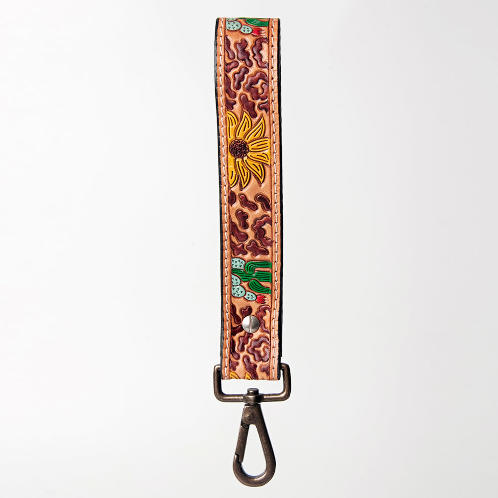 ADBRF130 Hand Tooled Sunflower Leather Wristlet Keychain - Painted Cactus & Western Concho