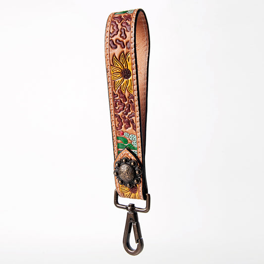 ADBRF130 Hand Tooled Sunflower Leather Wristlet Keychain - Painted Cactus & Western Concho