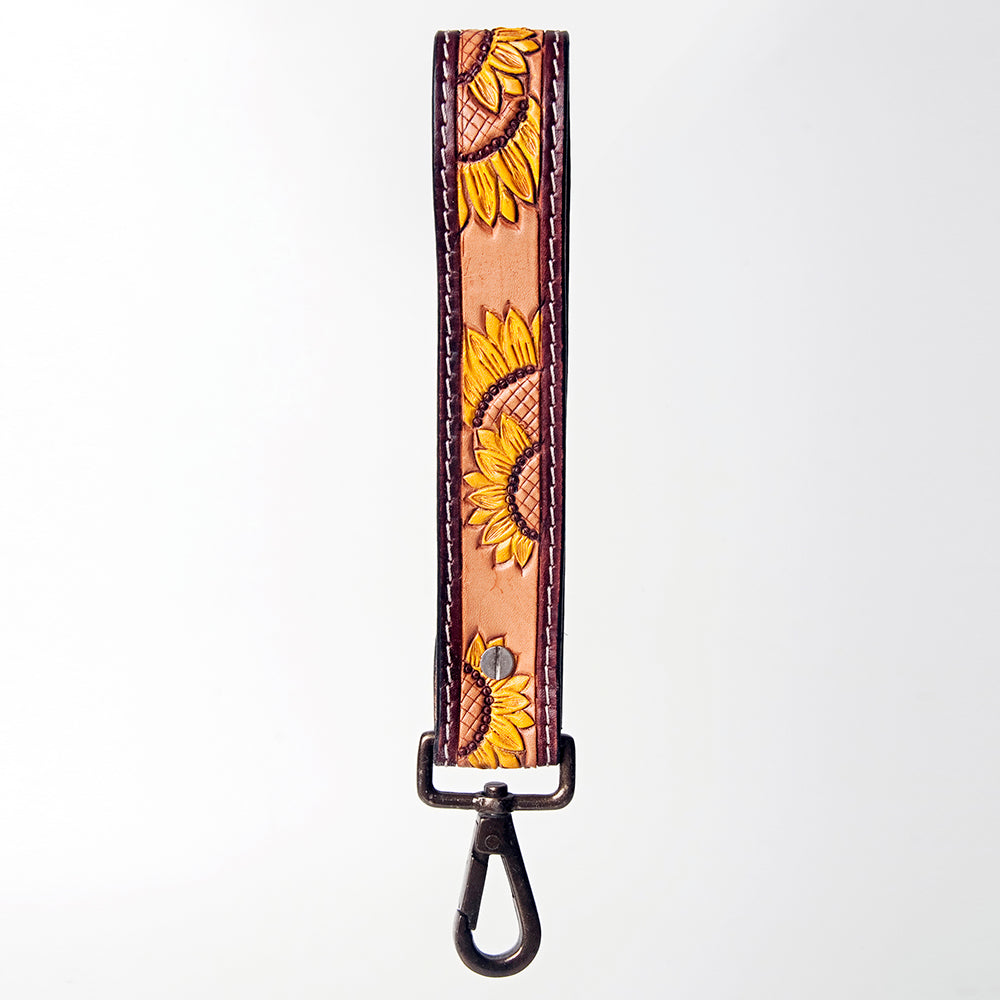 ADBRF132 Hand Tooled Leather Sunflower Wristlet Keychain - Western Style with Concho Accent