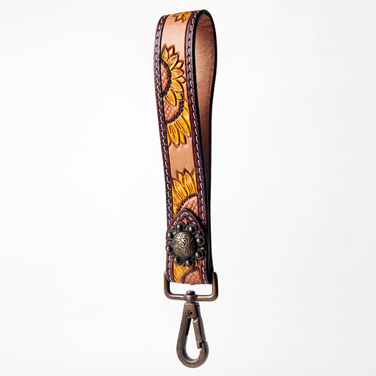 ADBRF132 Hand Tooled Leather Sunflower Wristlet Keychain - Western Style with Concho Accent