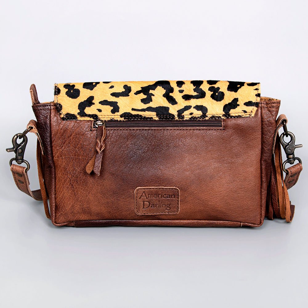 ADBG524 Hair-On Cowhide Leather Fringe Crossbody with Hand-Tooled Floral Flap